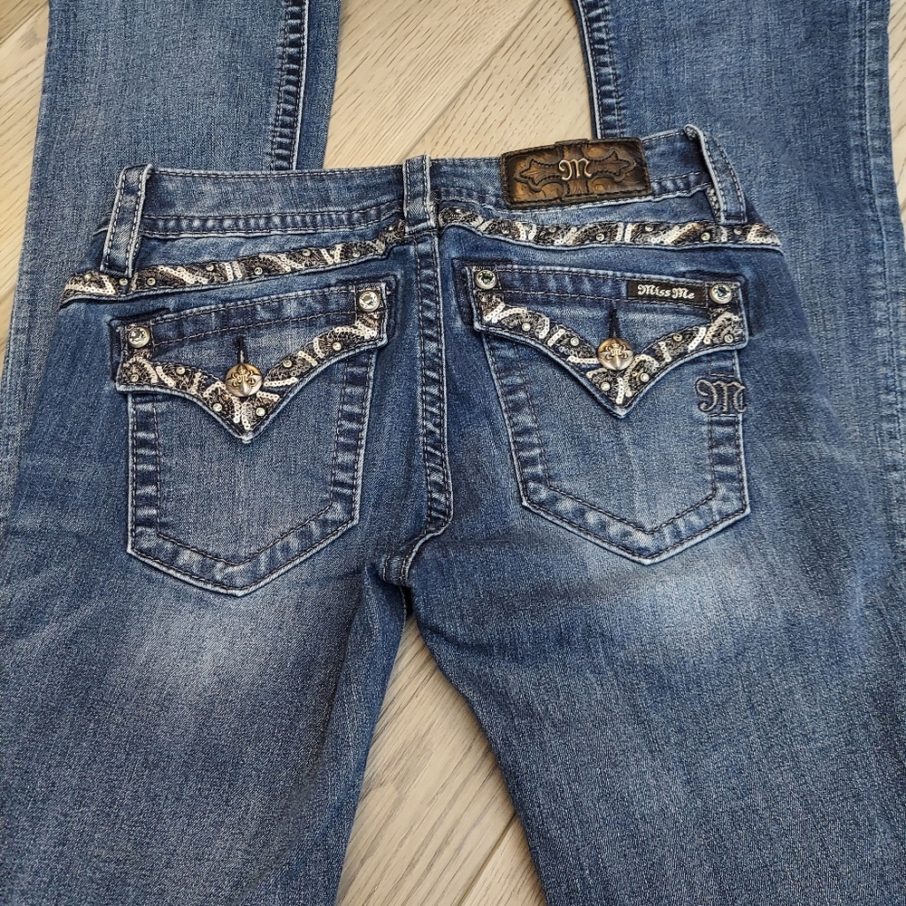 Miss Me 26 x 29 blue Bling Embroidered  Denim Boot cut Jeans - Picture 5 of 7